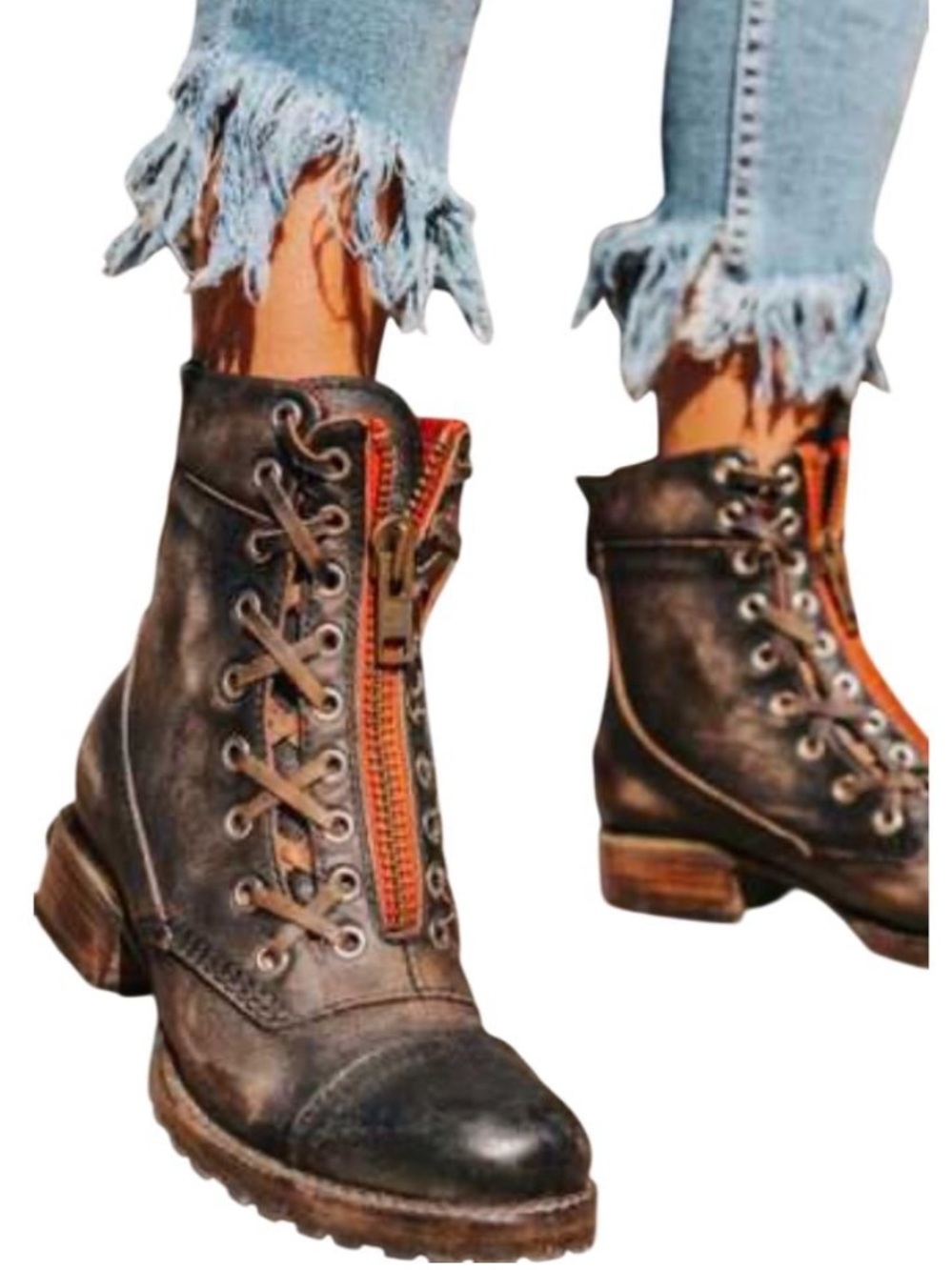 Freebird Brown Lace-Up Leather Ankle Boots with Front Zippert